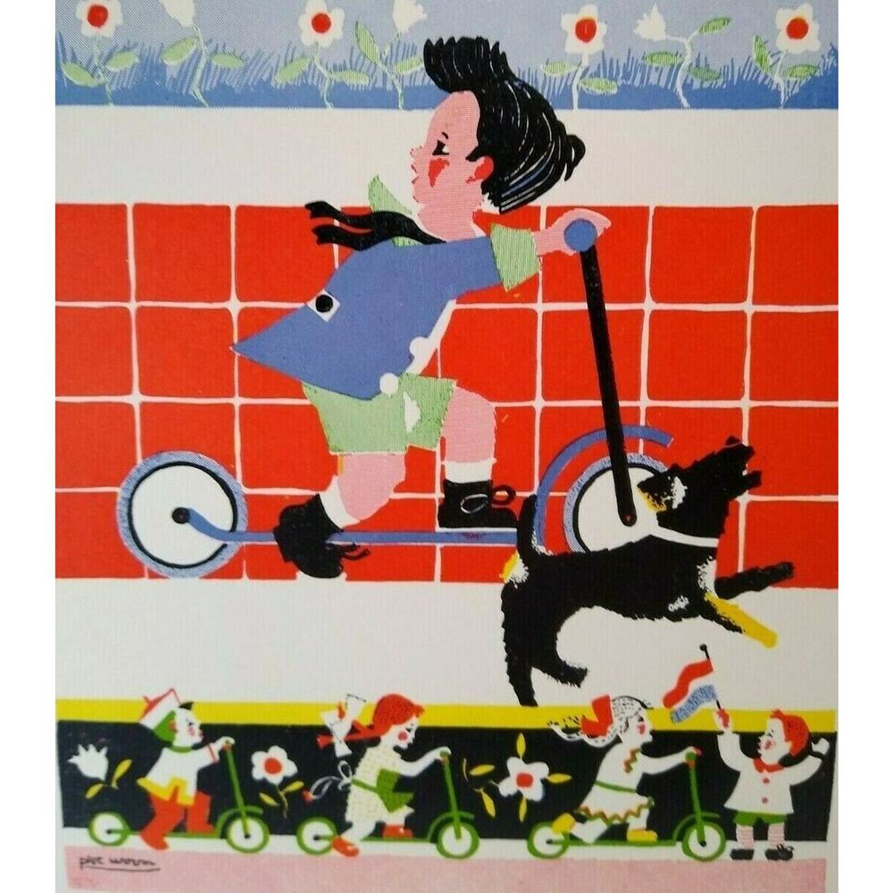 Piet Worm Art Print Children On Scooter Dog Vintage M B Z Amsterdam Holland 1951
